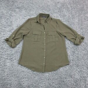 Fortune + Ivy Shirt Womens Medium Green Collared Button Front Roll Tab Tunic Top